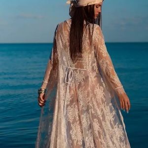 Eyelash Lace Coverup Kimono Duster, White Lace Bikini Beach Babe Open Front Maxi